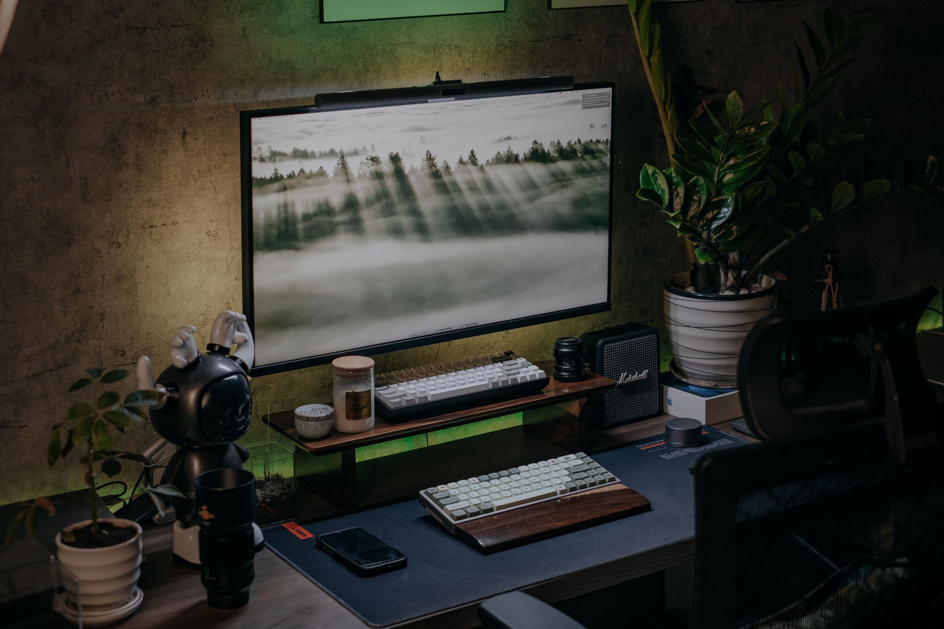 Escritorio de oficina en casa con monitor, teclado y plantas de interior.